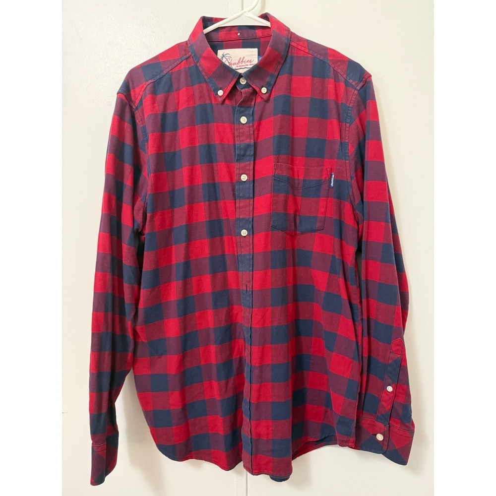 Chubbies Men's L Red Navy Plaid Flannel‎ Button Up Stretch Preppy Outdoors